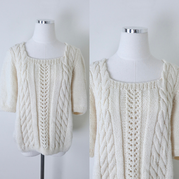 Handmade Tops - Handmade Cottagecore Short Sleeve Sweater Top Square Neck Cream Cable Knit
